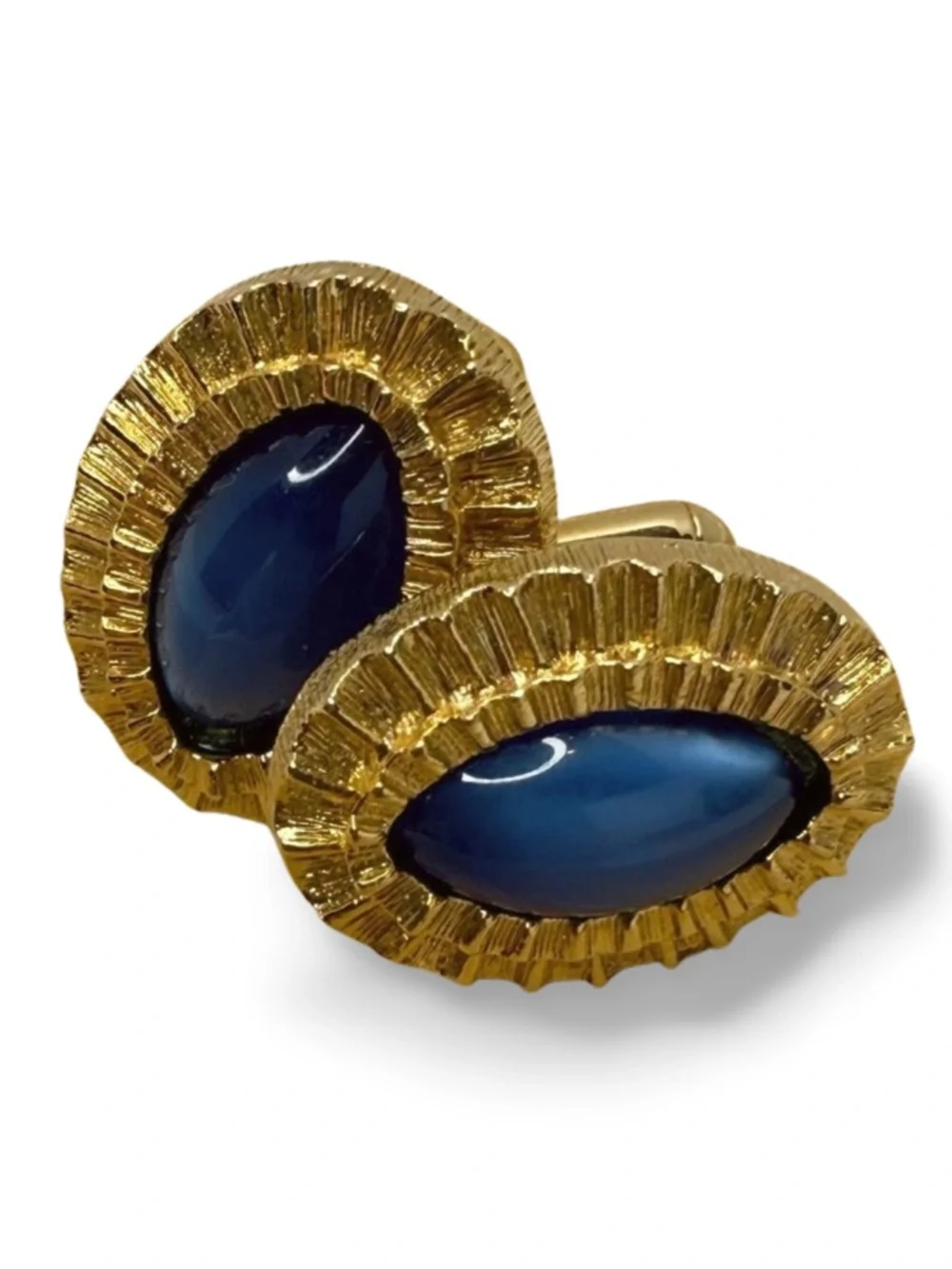 Vintage Gold Tone Blue Cabochon Cufflinks Textured Oval Statement